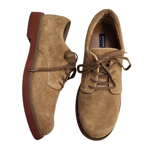 Sperry Top Sider Boys Tevin Oxford Dress Shoe Size 5.5 Tan Suede Leather Lace Up - Picture 1 of 9